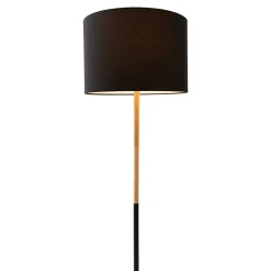 Lampadaire textile 'TESSILE', lampadaire en métal, bois d'hévéa et tissu noir, et naturel, douille E27, hauteur 126 cm