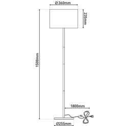 Lampadaire textile 'TESSILE', lampadaire en métal, bois d'hévéa et tissu noir, et naturel, douille E27, hauteur 126 cm