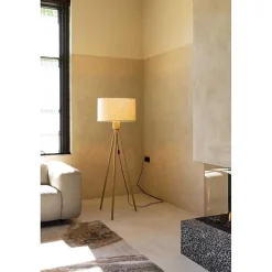 Lampadaire trépied abat-jour lin Fan Bamboo