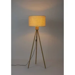 Lampadaire trépied abat-jour lin Fan Bamboo