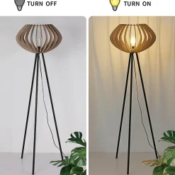 Lampadaire trépied en bois METTE abat-jour industriel style bohème moderne avec interrupteur au pied pour salon E27