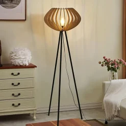 Lampadaire trépied en bois METTE abat-jour industriel style bohème moderne avec interrupteur au pied pour salon E27