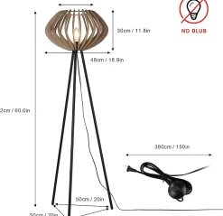Lampadaire trépied en bois METTE abat-jour industriel style bohème moderne avec interrupteur au pied pour salon E27