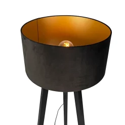 Lampadaire trépied en bois noir avec abat-jour noir 50 cm - Puros