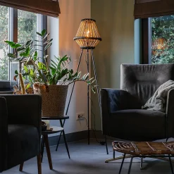 Lampadaire trépied oriental en bambou noir - Evalin