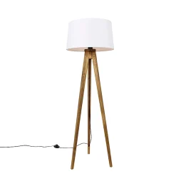 Lampadaire trépied rustique vintage en bois avec abat-jour en lin blanc 45 cm - Tripod Classic