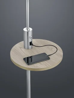 Lampadaire 1xE27, max. 60W, abat-jour tissu gris, tablette bois + USB/USB-C, nickel mat - Trio - Claas