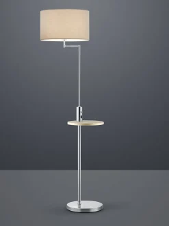 Lampadaire 1xE27, max. 60W, abat-jour tissu gris, tablette bois + USB/USB-C, nickel mat - Trio - Claas