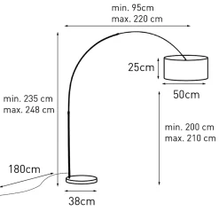Lampe à arc en laiton avec abat-jour en tissu blanc 50 cm - XXL