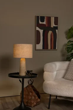 Lampe à poser avec pied travertin et abat-jour lin beige taupe, IP20 E27 40W H.47,5 cm, Lucide Nimue