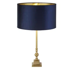 Lampe à poser Base Pied laiton antique Abatjour velours bleu marine interieur doré E27 max 60w Haut 67cm Diam 40cm WHITBY
