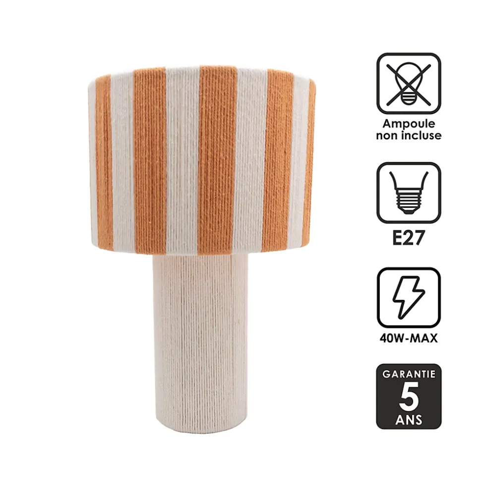 Lampe à poser en corde de coton rayée blanc et orange H.42 cm E27 40 W Jumell Moyo