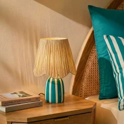 Lampe à poser en céramique rayée bleu, blanc et fibres tressées H.30 cm E27 40 W Jumell Quoki