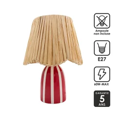 Lampe à poser en céramique rayée blanc, rouge framboise et fibres tressées H.30 cm E27 40 W Jumell Quoki