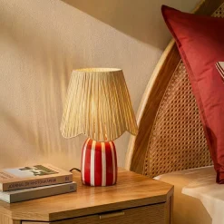 Lampe à poser en céramique rayée blanc, rouge framboise et fibres tressées H.30 cm E27 40 W Jumell Quoki