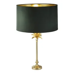 Lampe à poser laiton satine et Abatjour velours Vert, Doré Interieur E27 max 60w Haut 65cm Diam 40cm PALM 1LT