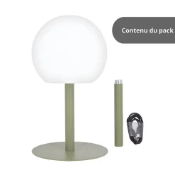 Lampe à poser POP - boule kaki rechargeable en métal LED IP44, 400 lumens, CCT et dimmable, hauteur ajustable