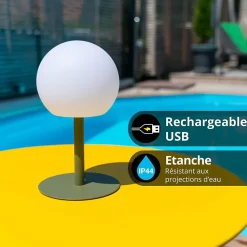 Lampe à poser POP - boule kaki rechargeable en métal LED IP44, 400 lumens, CCT et dimmable, hauteur ajustable