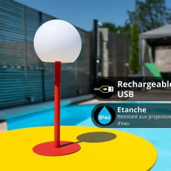 Lampe à poser POP - boule terracota rechargeable en métal LED IP44, 400 lumens, CCT et dimmable, hauteur ajustable