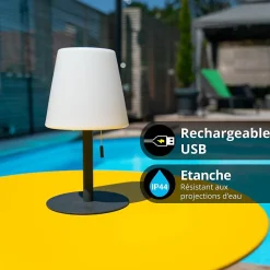 Lampe à poser POP - cône gris rechargeable en métal LED IP44, 400 lumens, CCT et dimmable, hauteur ajustable