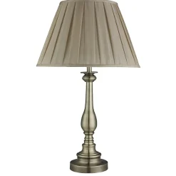 Lampe à poser style bougeoire, laiton antique, abatjour plissé vison E27 max 60w Haut 62cm Diam 40cm FLEMISH