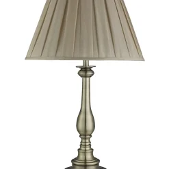 Lampe à poser style bougeoire, laiton antique, abatjour plissé vison E27 max 60w Haut 62cm Diam 40cm FLEMISH
