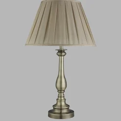 Lampe à poser style bougeoire, laiton antique, abatjour plissé vison E27 max 60w Haut 62cm Diam 40cm FLEMISH
