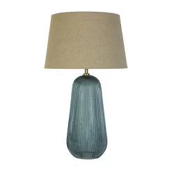 Lampe à poser Verre recyclé Bleu strié, laiton satine, abat jour Lin naturel E27 60w max Haut 54cm Diam 32cm CAMEO