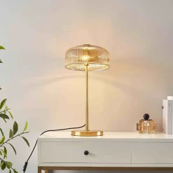 Lampe à poser vintage laiton et verre ambré strié - Auréline