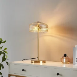 Lampe à poser vintage laiton et verre ambré strié - Auréline