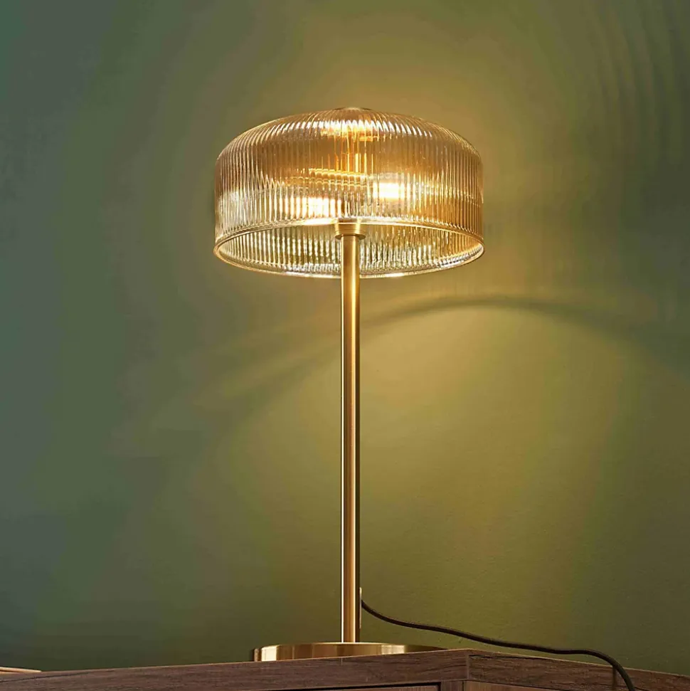 Lampe à poser vintage laiton et verre ambré strié - Auréline