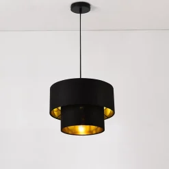 Lampe à Suspendre Moderne Suspension Design Douille E27 60w En Métal Et Textile Diamètre 30 Cm Noir Doré lux.pro