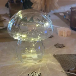 Lampe décorative champi verre strié transparent LED à piles