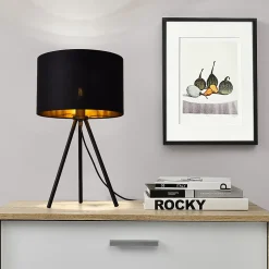Lampe De Bureau Trépied E14 Métal Tissu Hauteur 51 Cm Noir Doré lux.pro