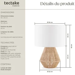 Lampe de chevet au style bohème 60W avec grand abat-jour en tissu