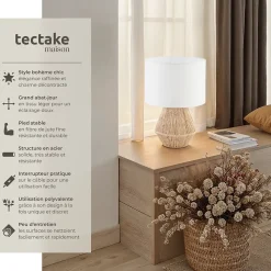 Lampe de chevet au style bohème 60W avec grand abat-jour en tissu