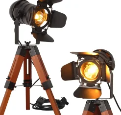 Lampe de table de style industriel avec trépied en bois, écran en métal réglable et design cinéma E27