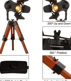 Lampe de table de style industriel avec trépied en bois, écran en métal réglable et design cinéma E27