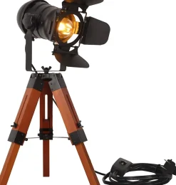 Lampe de table de style industriel avec trépied en bois, écran en métal réglable et design cinéma E27