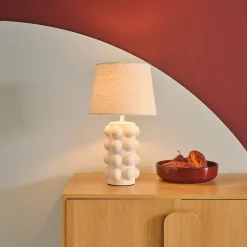 Lampe de table intérieur céramique moucheté blanc et noir. abat-jour en bouclette H 45cm - Mia