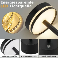 Lampe de table led nettlife à piles, sans fil, à intensité variable, rechargeable par usb-c, tactile, dorée, (noir, lot de 2)