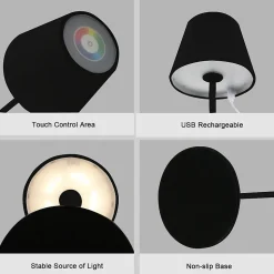 Lampe de table LED rechargeable, variateur tactile, blanc + RGB, IP54. Noir