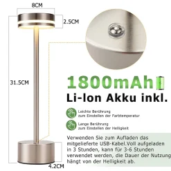 Lampe de table led sans fil nettlife, à piles, à intensité variable, rechargeable par usb-c, tactile, dorée (argent, lot de 2)