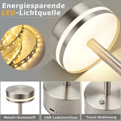 Lampe de table led sans fil nettlife, à piles, à intensité variable, rechargeable par usb-c, tactile, dorée (argent, lot de 2)