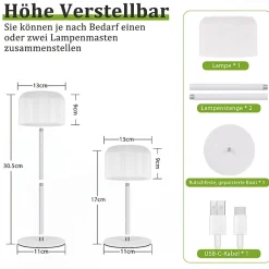 Lampe de table LED sans fil NETTLIFE. Intensité variable de 3000K à 6500K, rechargeable par USB-C. À piles, hauteur réglable.