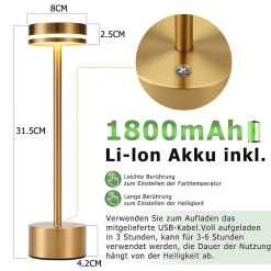 Lampe de table led sans fil meoaow, rechargeable par usb-c, à intensité variable, tactile, dorée, la salle à manger