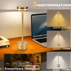 Lampe de table led sans fil meoaow, rechargeable par usb-c, à intensité variable, tactile, dorée, la salle à manger