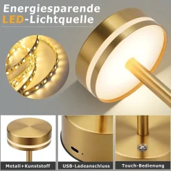 Lampe de table led sans fil meoaow, rechargeable par usb-c, à intensité variable, tactile, dorée, la salle à manger