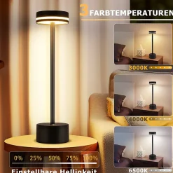 Lampe de table led sans fil nettlife, lampe de chevet à intensité variable 3 000 k-6 500 k avec port usb-c, tactile, noire