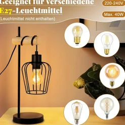 Lampe de table NETTLIFE salon lampe de table en bois vintage : lampe de chevet noire au en métal douille E27 sans ampoule
